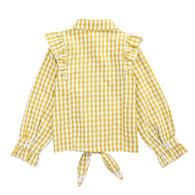 Girls Long Sleeve Button Down Plaid Shirt Ruffle Tie Knot Blouse