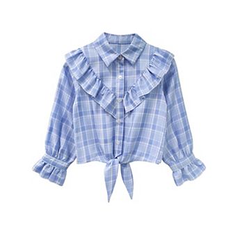 Girls Long Sleeve Button Down Plaid Shirt Ruffle Tie Knot Blouse