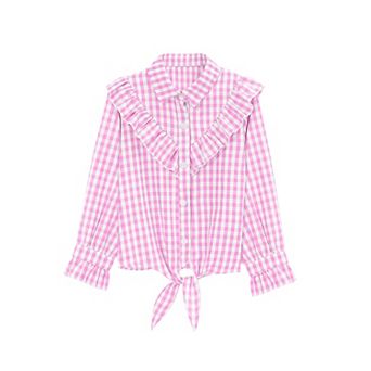 Girls Long Sleeve Button Down Plaid Shirt Ruffle Tie Knot Blouse