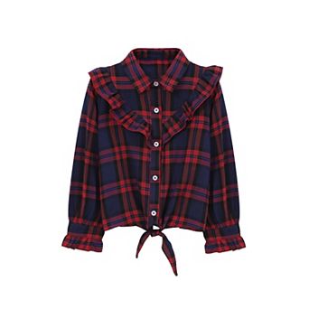 Girls Long Sleeve Button Down Plaid Shirt Ruffle Tie Knot Blouse