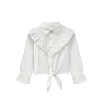 Girls Long Sleeve Button Down Plaid Shirt Ruffle Tie Knot Blouse