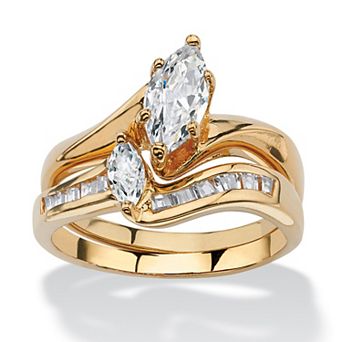 PalmBeach Jewelry 1.38 TCW Marquise-Cut Cubic Zirconia Bridal Ring Set in Gold-Plated