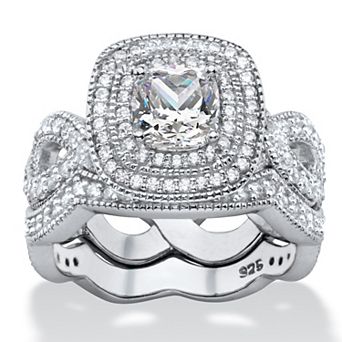 PalmBeach Jewelry 1.92 ct w. Cubic Zirconia Platinum Plated Silver 2 pc Halo Bridal Ring Set