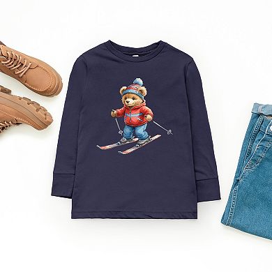 Skiing Bear Watercolor - Youth Long Sleeve Graphic T-Shirt