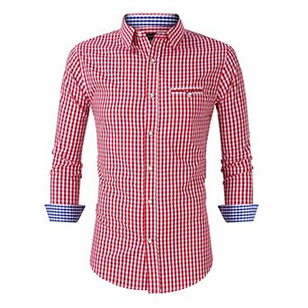Men's Classic Color Block Shirt, Country Style Button-Down Roll-Up Sleeves for Casual & Oktoberfest