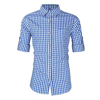 Men's Vintage Check Shirt with Contrast Trim, Roll-Up Sleeve Button Down for Pub & Festival Outfits