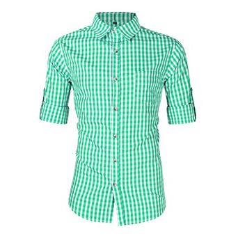 Men's Vintage Check Shirt with Contrast Trim, Roll-Up Sleeve Button Down for Pub & Festival Outfits