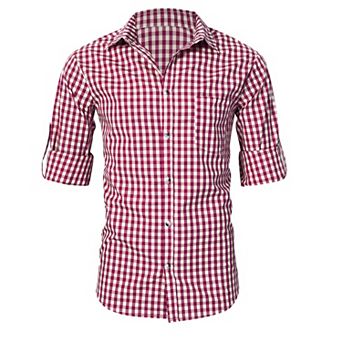 Men's Vintage Check Shirt with Contrast Trim, Roll-Up Sleeve Button Down for Pub & Festival Outfits