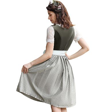 Women's Oktoberfest 3 Piece Costume: Square Neck Velvet Dirndl Dress Apron Lace Crop Top