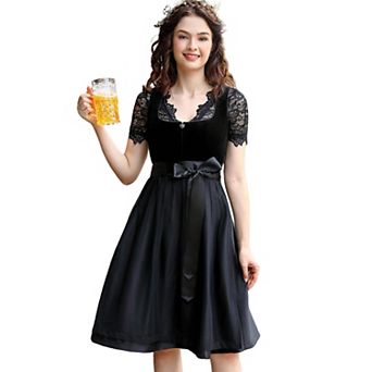 Women's Oktoberfest 3 pc Costume: Square Neck Velvet Dirndl Dress Apron Lace Crop Top