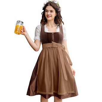 Women's Oktoberfest 3 pc Costume: Square Neck Velvet Dirndl Dress Apron Lace Crop Top