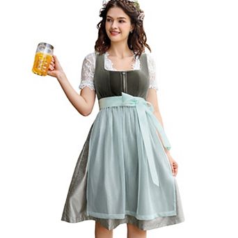 Women's Oktoberfest 3 pc Costume: Square Neck Velvet Dirndl Dress Apron Lace Crop Top