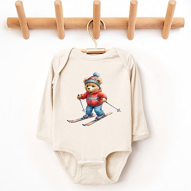 Skiing Bear Watercolor - Baby Long Sleeve Bodysuit
