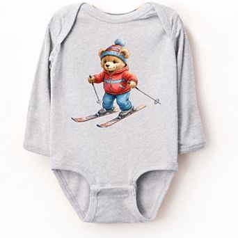 Skiing Bear Watercolor - Baby Long Sleeve Bodysuit