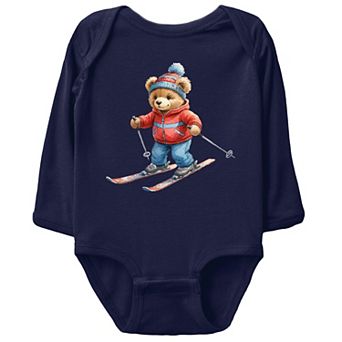 Skiing Bear Watercolor - Baby Long Sleeve Bodysuit