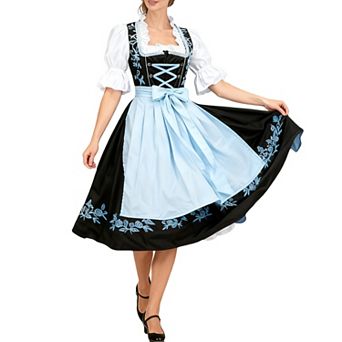 Women's 3 pc Embroidered Oktoberfest Set: Square Neck Dress Plain Apron Crop Top