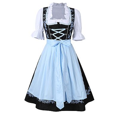 Women's 3-Piece Embroidered Oktoberfest Set: Square Neck Dress Plain Apron Crop Top