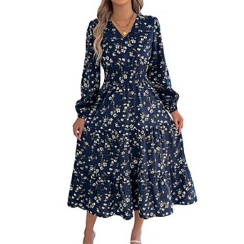 Fall Dresses for Women Boho Floral V Neck Long Sleeve Smocked Elastic Waist Dress