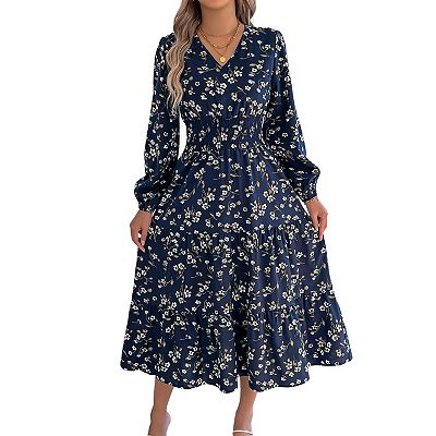 Fall Dresses for Women Boho Floral V Neck Long Sleeve Smocked Elastic Waist Casual A-Line Mini Dress Sundress Navy Blue M