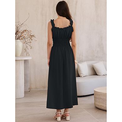 Boho Maxi Dress for Women Spaghetti Strap Square Neck A Line Flowy Smocked Dresses