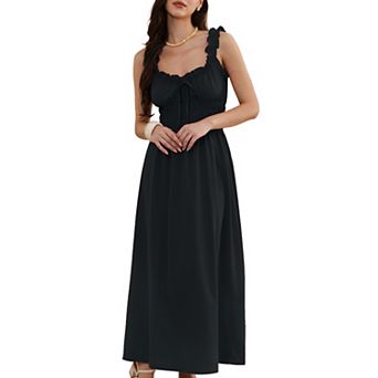 Boho Maxi Dress for Women Spaghetti Strap Square Neck A Line Flowy Smocked Dresses