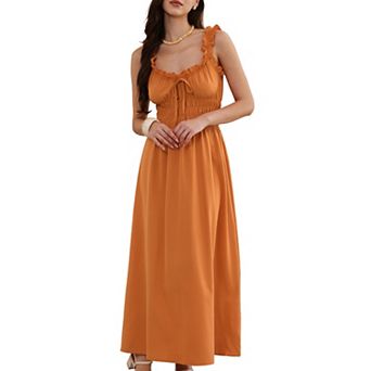 Boho Maxi Dress for Women Spaghetti Strap Square Neck A Line Flowy Smocked Dresses