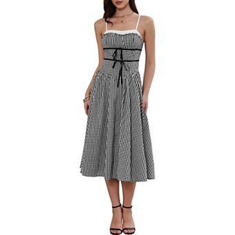 Vintage Gingham Dress for Womens Spaghetti Strap A-Line Flowy Midi Dresses