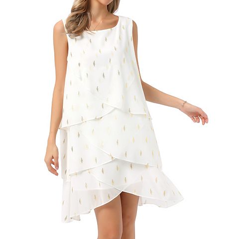 Женские платья Chiffon Women's Chiffon Dresses Sleeveless Crewneck Metallic Foil Print Tiered Layered Dress Party Outfits