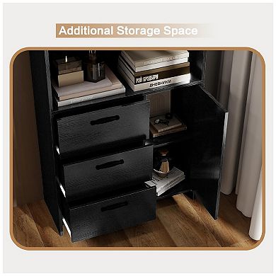 Bookshelf with Door & 3 Drawers - 3-Tier Wooden Bookcase Shelf