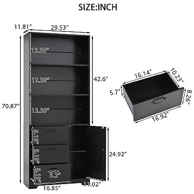 Bookshelf with Door & 3 Drawers - 3-Tier Wooden Bookcase Shelf