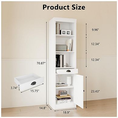 Narrow Bookcase with Door - 3-Tier Open Shelf & Pull-Out Drawer