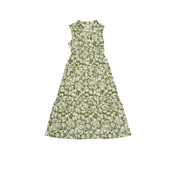 Women's Summer Sleeveless Floral Dress Casual Tiered Pleated Collar V Neck Ruffle A Line Maxi Dress