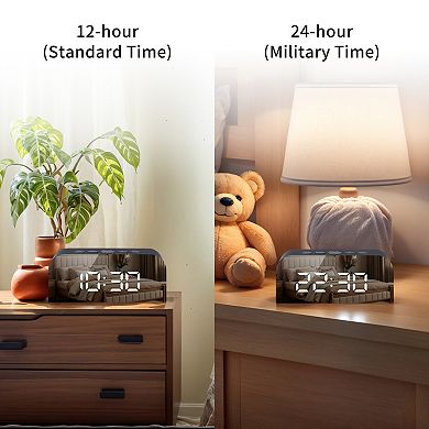 LED Mirror Alarm Clock, Dimmerable, Three Alarms, USB Charging Ports for Bedroom 5.5"x1.36"x2.4"