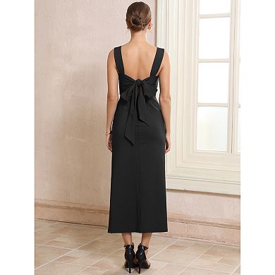 Women's Cocktail Dress Bow Tie Backless Square Neck Sleeveless Ruched Bodycon Dresses