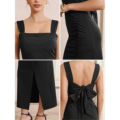 Women's Cocktail Dress Bow Tie Backless Square Neck Sleeveless Ruched Bodycon Dresses