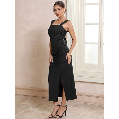 Women's Cocktail Dress Bow Tie Backless Square Neck Sleeveless Ruched Bodycon Dresses