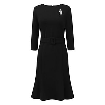 Women's Failtails Dress with Brooch 3/4 Sleeve Boat Neck Funeral Dress with Belted