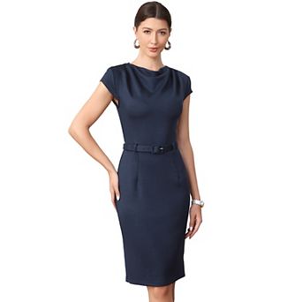 Cowl Neck Dress for Women's Cap Sleeve Stretch Work Bodycon Pencil Dresses with Belted