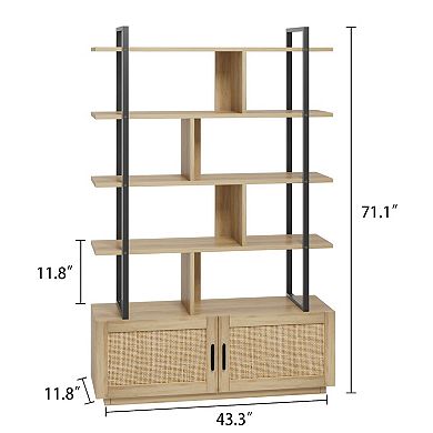 5-Tier Rattan Bookshelf - 71" Tall Industrial Storage Cabinet & Door