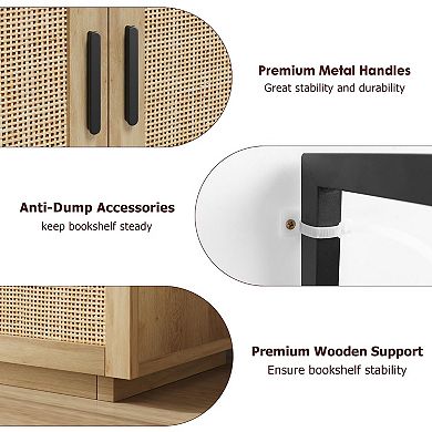 5-Tier Rattan Bookshelf - 71" Tall Industrial Storage Cabinet & Door