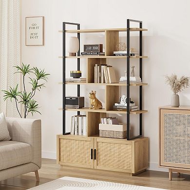 5-Tier Rattan Bookshelf - 71" Tall Industrial Storage Cabinet & Door
