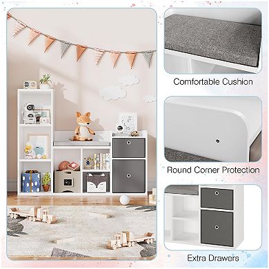 Kids Bookshelf with Reading Nook - White Bookcase & Seat Cushion