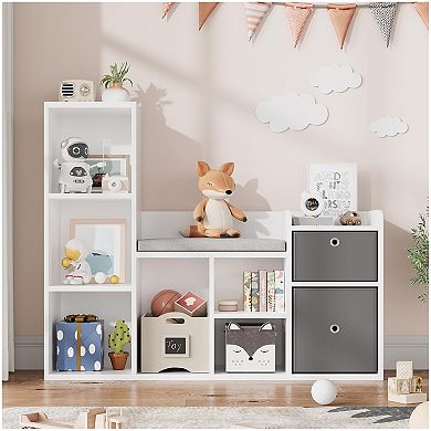 Kids Bookshelf with Reading Nook - White Bookcase & Seat Cushion