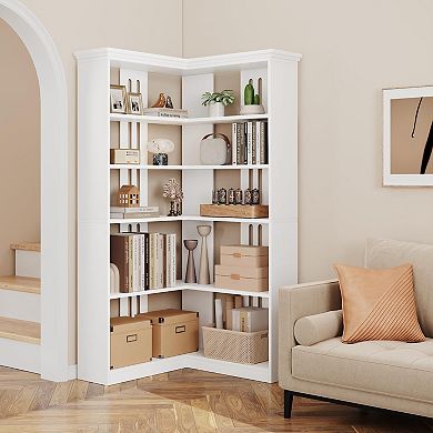 Farmhouse Corner Bookshelf - 73" Tall L-Shaped 5-Tier Bookcase