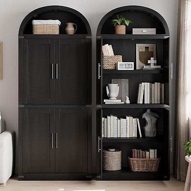 Modern Farmhouse Bookcase - Arched Cabinet with 4 Doors & Shelf