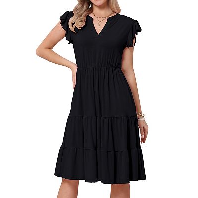 Summer Tiered Dress for Womens Ruffle Sleeve Notch Neck A-Line Flowy Knee  Length Dresses