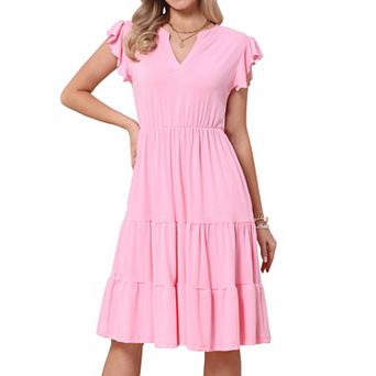 Summer Tiered Dress for Womens Ruffle Sleeve Notch Neck A-Line Flowy Knee Length Dresses