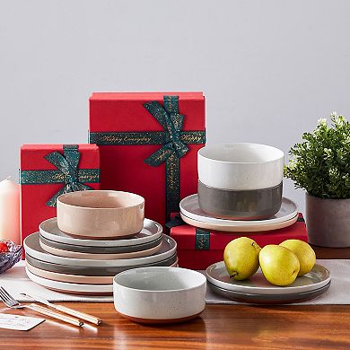 12-pcs Stoneware Dining Set for 4, incl. Dinner Plates, Dessert Plates, Bowls