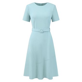 Women's A Line Work Dress Short Sleeve Crew Neck Ruffle Flare Dresses with Belted