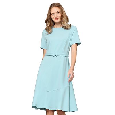Women's A Line Work Dress Short Sleeve Crew Neck Ruffle Flare Dresses with  Belted